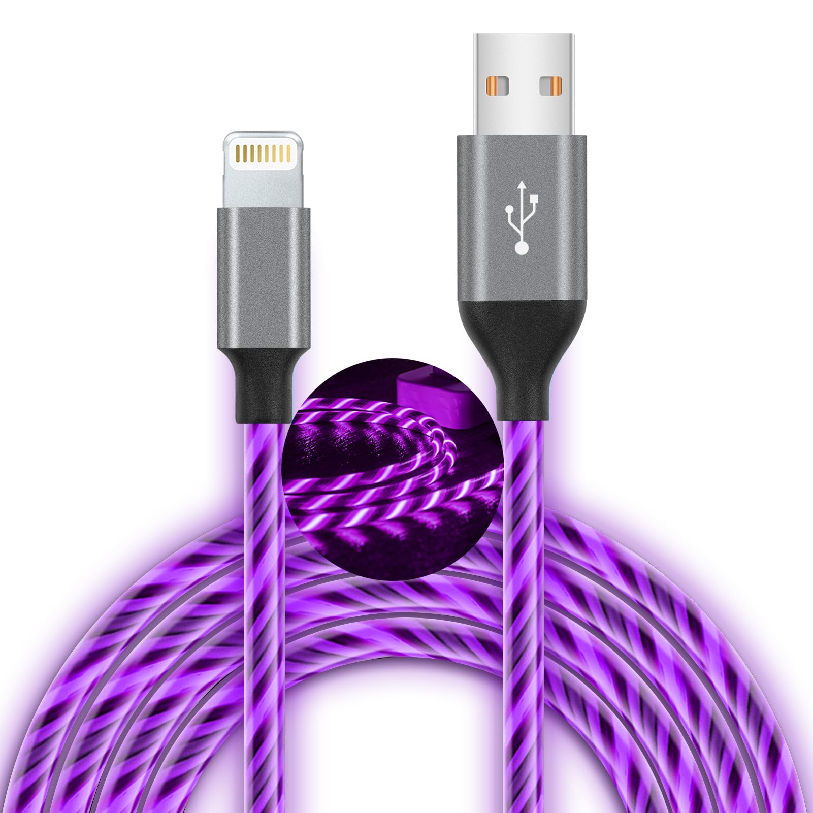 Led Iphone Charger Cord Light Up Lightning Cable | Mfi Certified Apple Charger | Cool Usb Fast Charging For Iphone 14 13 12 11 Pro Max Xr X Se 8 Plus, Ipad Ipod And More (Purple, 6Ft)